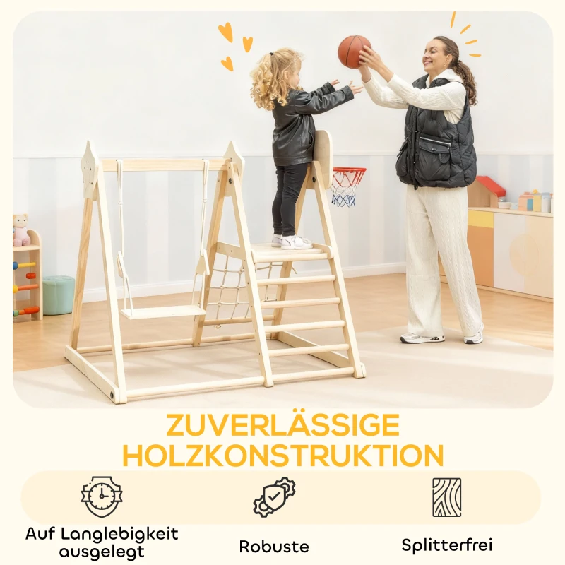 AIYAPLAY 5-in-1 Indoor-Klettergerüst mit Rutsche, Schaukel, Kletternetz, Basketballkorb, klappbar, 3-6 Jahre, Naturholz