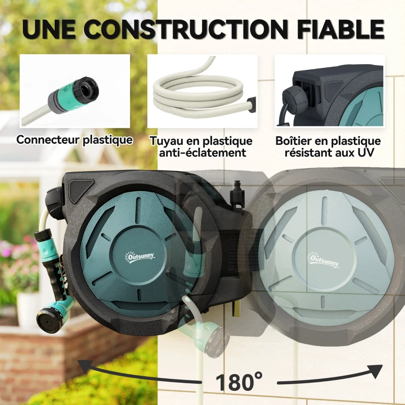 Outsunny Enrouleur tuyau arrosage dévidoir de tuyaux d'eau 25+2 m support mural + poignée pivotant à 180° 59 x 23 x 42 cm noir