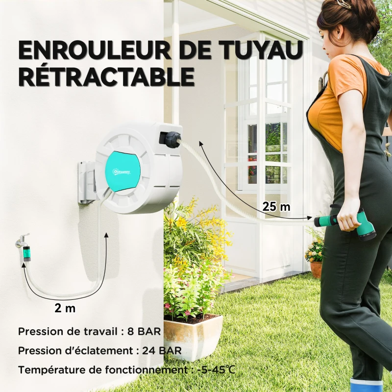 Outsunny Enrouleur tuyau arrosage dévidoir de tuyaux d'eau 35+2 m support mural + poignée pivotant à 180° 55 x 20 x 42 cm gris clair