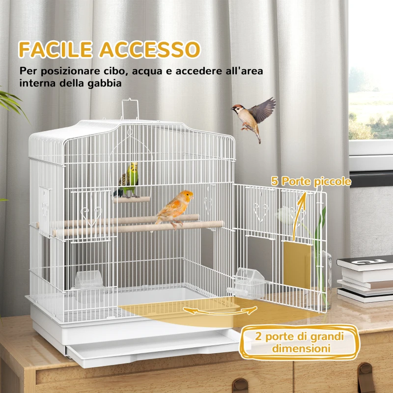 PawHut Gabbia per Uccellini Portatile con Maniglia, Vassoio Estraibile e 5 Porte, Posatoi e Altalena, Bianco