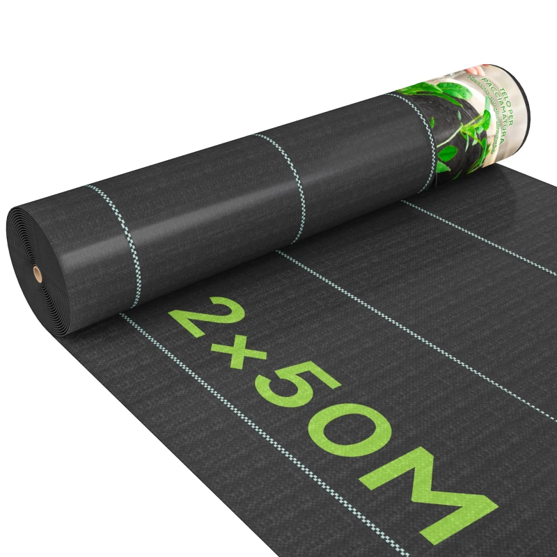 Outsunny Telo per Pacciamatura 50x2 m Traspirante e Anti-UV in Polipropilene Nero