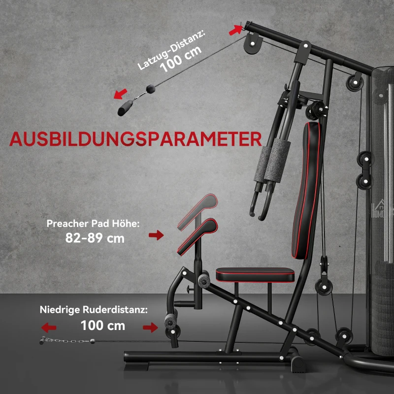 HOMCOM Heimtrainer, Trainingsstation, Hantelbank, Brustpresse, Stahl, 170x104x205 cm, Schwarz(m-7)