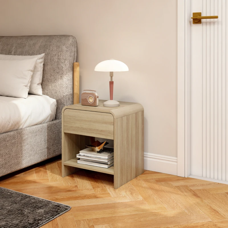 HOMCOM Set di 2 Comodini in Stile Nordico con Angoli Arrotondati Cassetto e Ripiano Aperto 40x35x45 cm Naturale