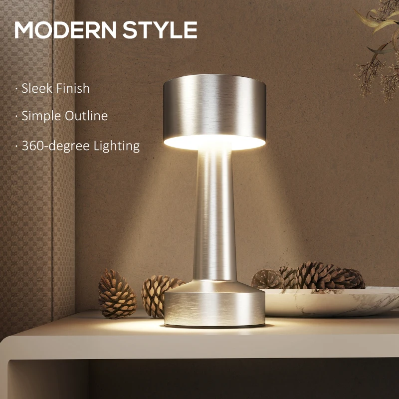 HOMCOM Cordless Table Lamp, Touch LED Desk Lamp with Rechargeable Battery, 3 Colour, for Bedroom Living Room, Silver