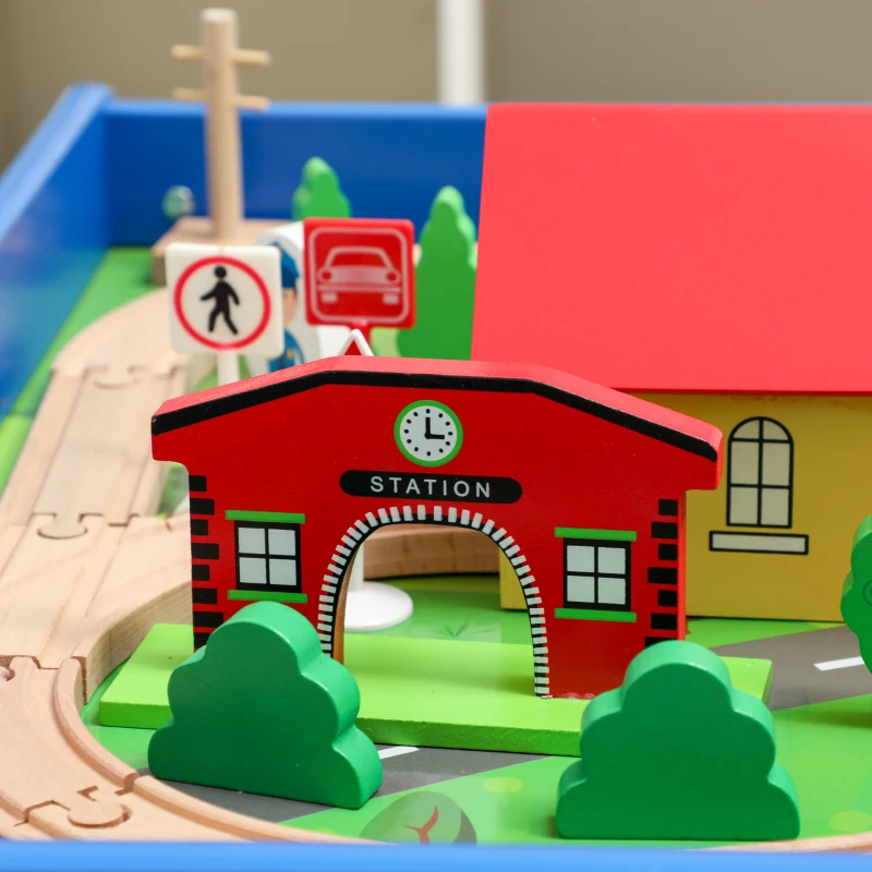 AIYAPLAY Spieltisch, 108-teiliges Eisenbahn-Set aus Holz, mit abnehmbarer Tischplatte, Eisenbahntisch, 98x60,5x40 cm, Blau