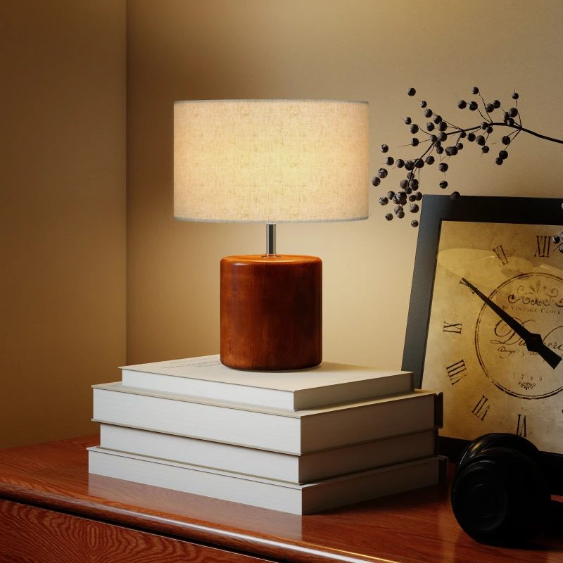 HOMCOM Lámpara de Mesa Rústica Lámpara de Mesita de Noche con Base de Madera Pantalla de Lino Interruptor Basculante Marrón