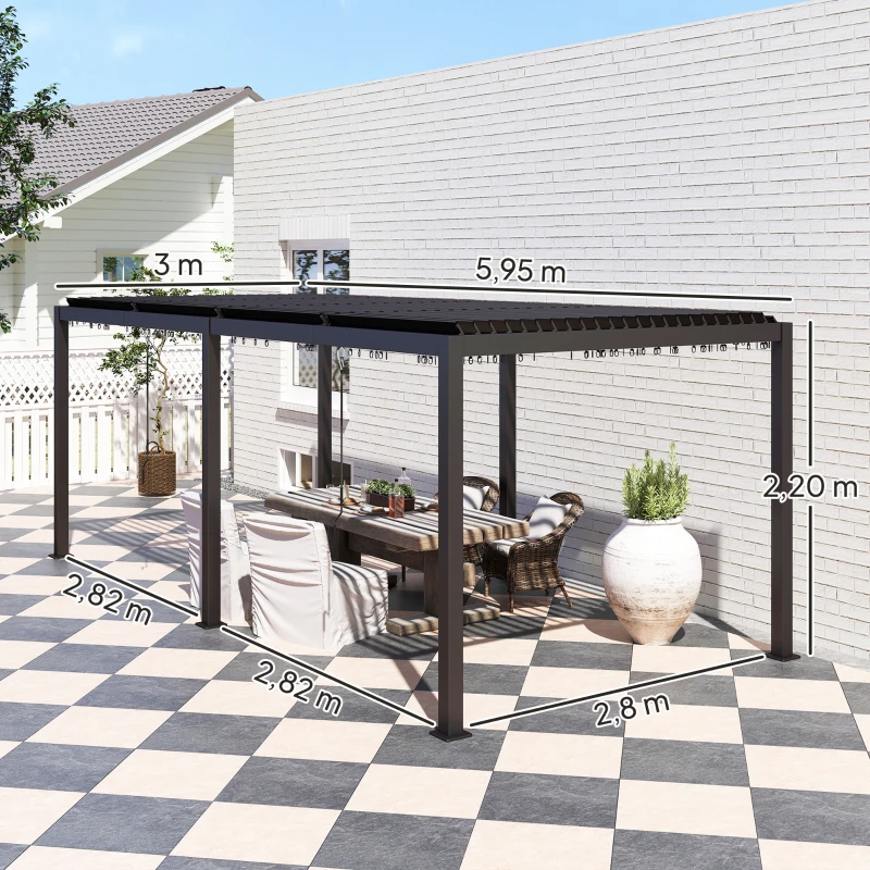 Outsunny Pergola 3 x 6 m  pergola d'extérieur tonnelle avec persiennes manivelle, toit réglable en aluminium crochets gris foncé