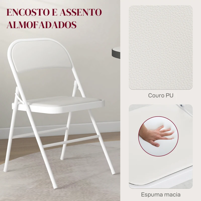 HOMCOM Conjunto de 4 Cadeiras Dobráveis com Encosto e Estrutura de Aço para Sala de Estar escritório Estúdio 45x46x78 cm Branco