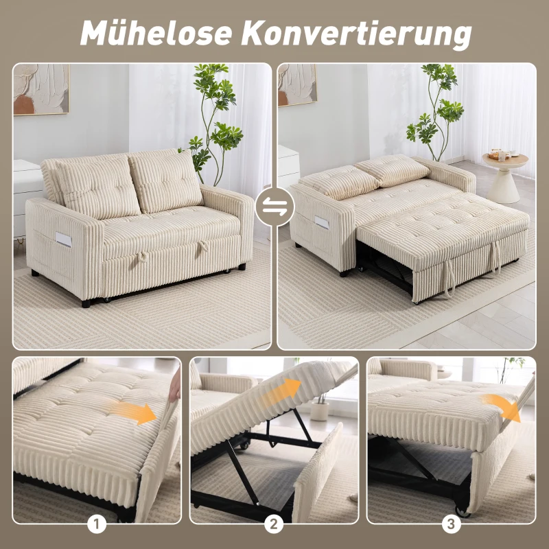 HOMCOM 2-Sitzer Sofabett, Cordbezug, zum Schlafsofa umwandelbar, 2 Kissen, Seitentaschen, 157 x 190 cm, Cremeweiß