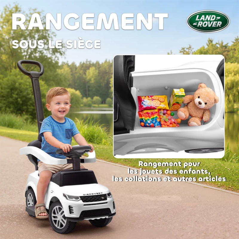 AIYAPLAY Porteur enfants Land Rover Discovery sous licence, porteur voiture à pousser avec poignée amovible, 84x40x94,5cm, blanc