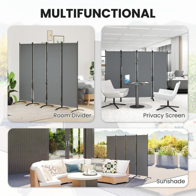 Outsunny 4 Panel Folding Room Divider, 1.7m Privacy Screen with Wide Feet, Portable Freestanding Metal Partition Separator for Office, Living Room, Bedroom, Dining Room, Dark Grey