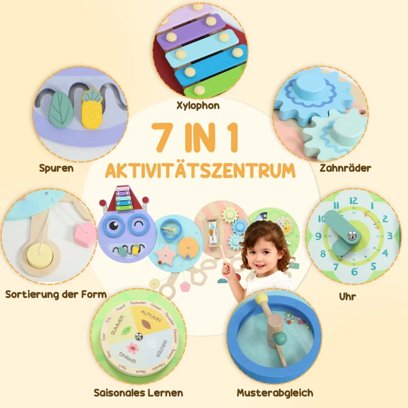 AIYAPLAY 7-in-1 Wandspielzeug, Xylophon, Zahnräder, Raupen-Design, MDF, 108 cm, Bunt