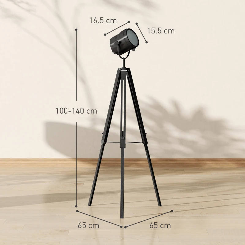 HOMCOM Industrial Tripod Floor Lamp, Nautical Searchlight with Adjustable Height, Wood Legs, E14 Lamp Base for Living Room, Bedroom, Black