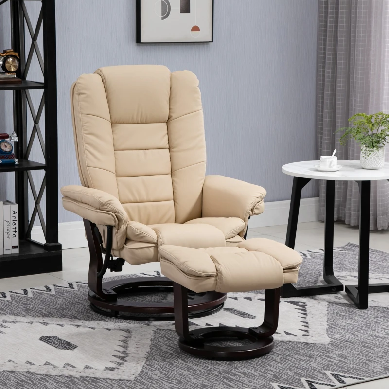 HOMCOM Sillón relax reclinable 135° gran confort giratorio 360° con reposapiés tapizado PU beige