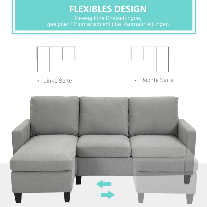 HOMCOM Ecksofa, 3-Sitzer-Sofa mit Bettkasten und Kissen, Eckcouch, L-Form Couch, Stoffbezug, Grau(m-5)