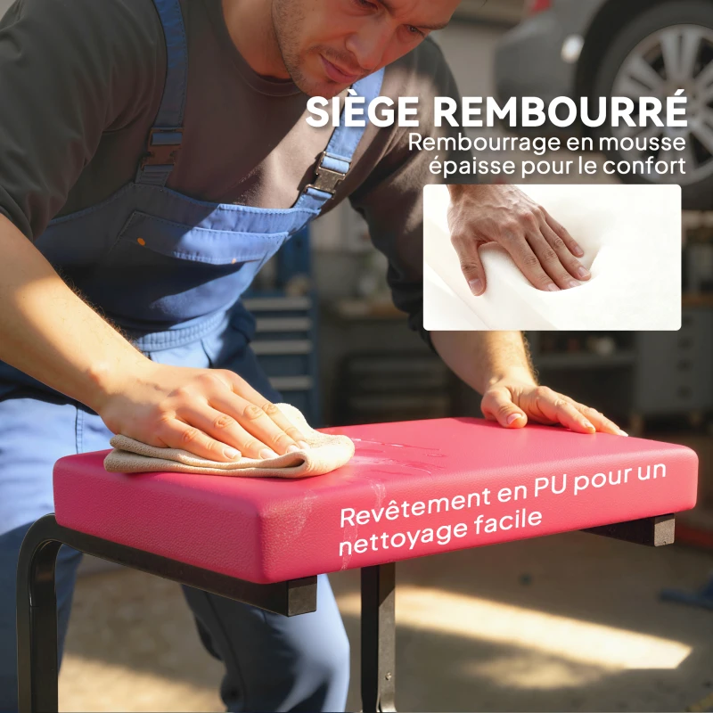 HOMCOM Tabouret de mécanicien tabouret d'atelier mobile charge 135 kg plateau outils roulettes inclus 36,5 x 33,5 x 35 cm rouge