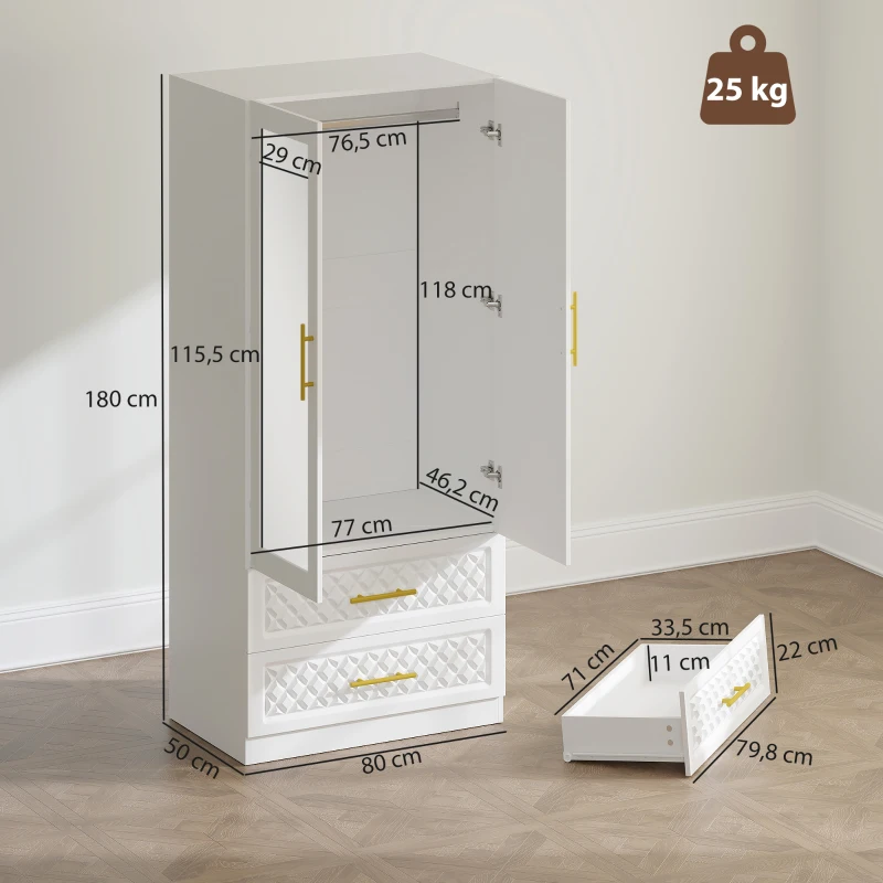 HOMCOM Armario Ropero con Espejo 2 Puertas y 2 Cajones Relieve de Diamante Barra para Colgar 80x50x180 cm Blanco