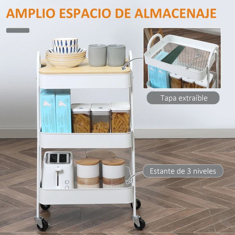 HOMCOM Carrito de Cocina con 3 Cestas de Acero y 1 Placa de Cubierta para Comedor Sala Baño 45x31x79,4 cm Blanco
