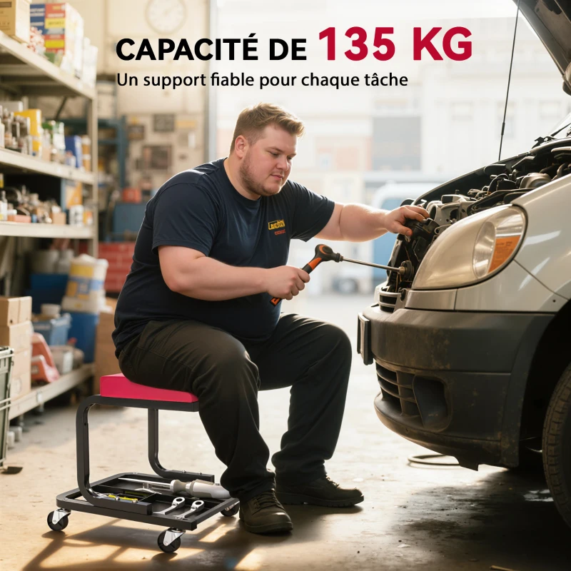 HOMCOM Tabouret de mécanicien tabouret d'atelier mobile charge 135 kg plateau outils roulettes inclus 36,5 x 33,5 x 35 cm rouge