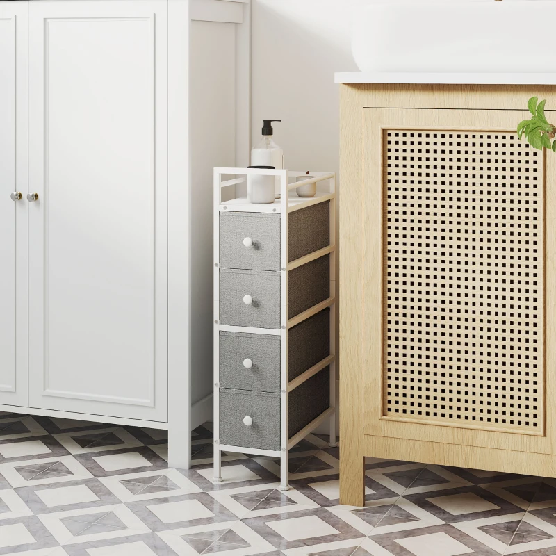 HOMCOM Kommode mit 4 Stoffschubladen, Stahlrahmen, Schlafzimmerkommode für kleine Räume, Wohnzimmer, Ankleidezimmer, Hellgrau