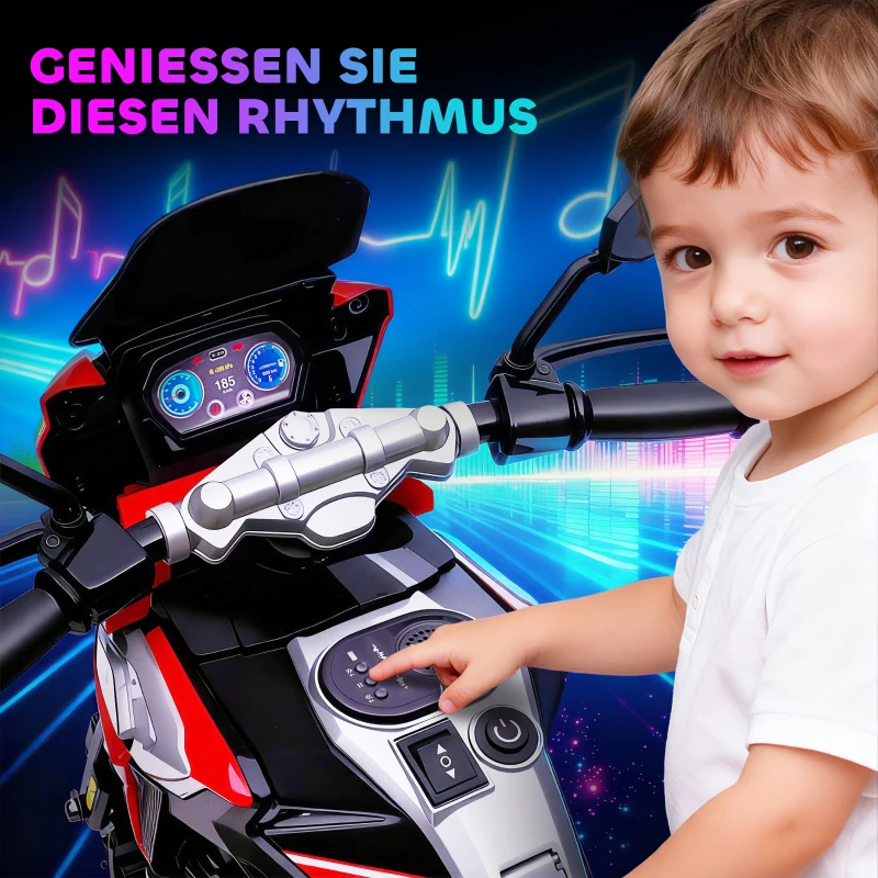 AIYAPLAY Elektro-Motorrad für Kinder von 18-36 Monaten, Aufsitz-Fahrzeug, Hilfsräder, Lichter, Musik, Kunststoff, Stahl, Rot