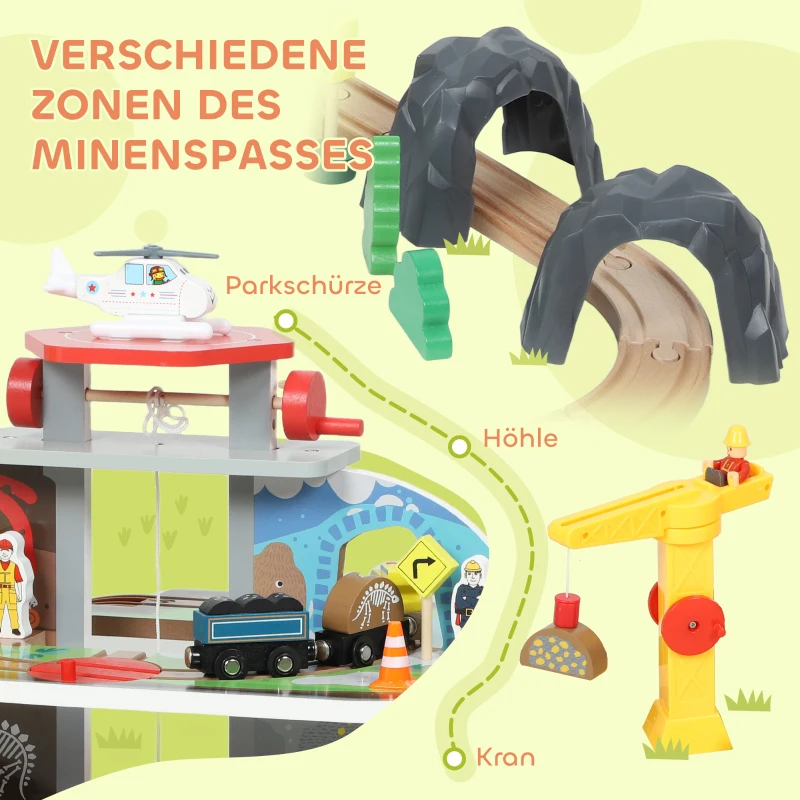 AIYAPLAY Eisenbahnset aus Holz, 79 Teile, 4 Ebenen, Aufzug, Kran, erweiterbar, Bunt