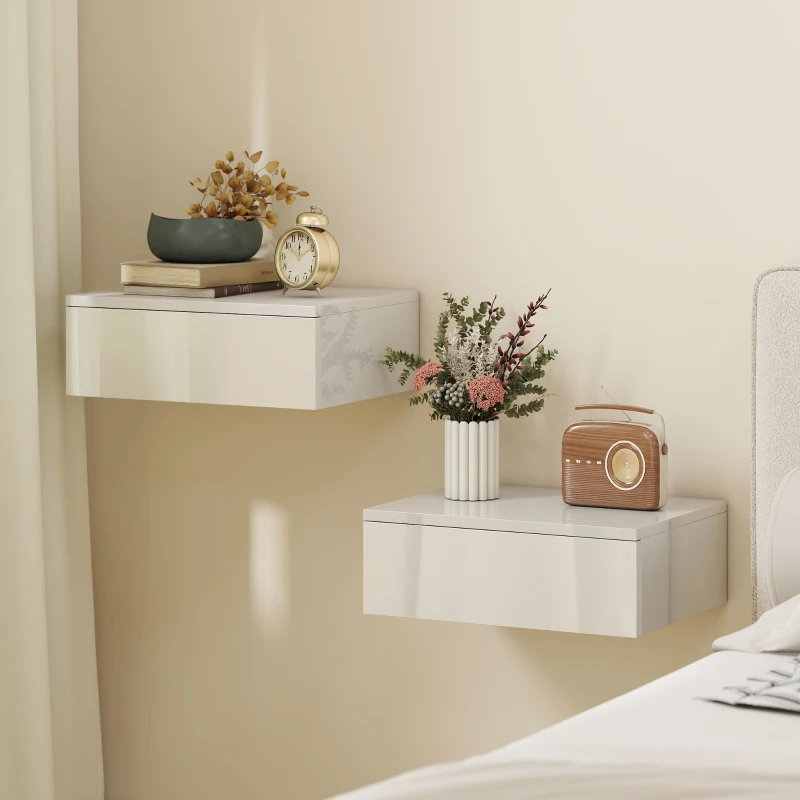 HOMCOM 2er-Set Nachttische, wandmontiertes Design, Schublade, für Schlafzimmer, Spanplatte, Weiß