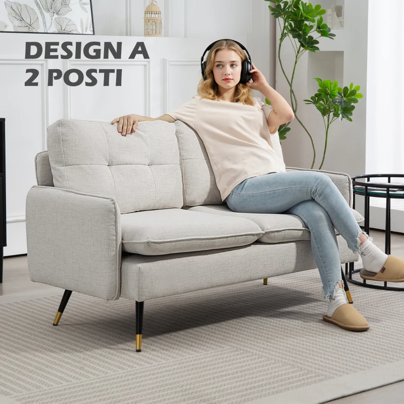 HOMCOM Divano 2 Posti in Tessuto Effetto Lino con Gambe in Acciaio e Cuscini Imbottiti, 139x68x80 cm, Bianco Crema