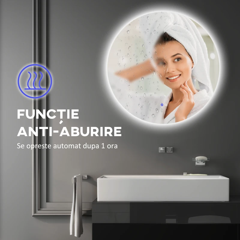 Kleankin Oglinda de Baie Rotunda cu Lumina LED in 3 Culori si intrerupatoare Touch, Ø60x3.5 cm, Transparent