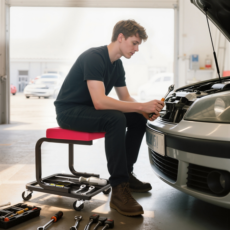 HOMCOM Tabouret de mécanicien tabouret d'atelier mobile charge 135 kg plateau outils roulettes inclus 36,5 x 33,5 x 35 cm rouge