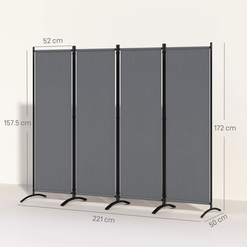 Outsunny 4 Panel Folding Room Divider, 1.7m Privacy Screen with Wide Feet, Portable Freestanding Metal Partition Separator for Office, Living Room, Bedroom, Dining Room, Dark Grey