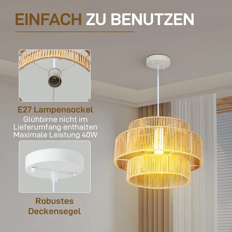 HOMCOM Hängelampe, 3-stufiger Lampenschirm, Metall, Hanfseil, Hellbraun