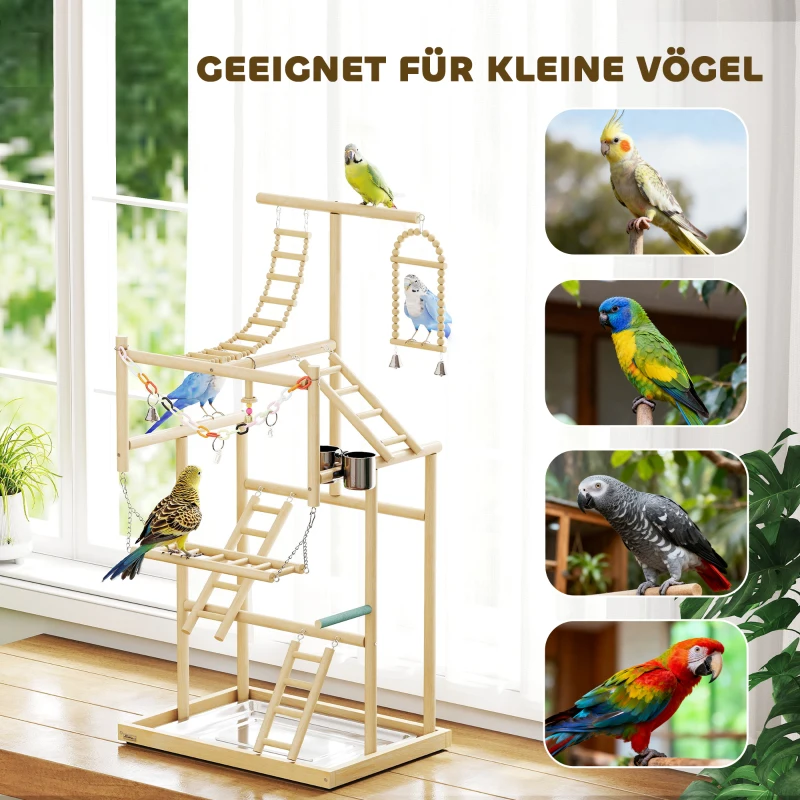 PawHut Vogelständer, Vogelstangen-Set, 4 Ebenen, Edelstahltablett, Spielzeug, Naturholz