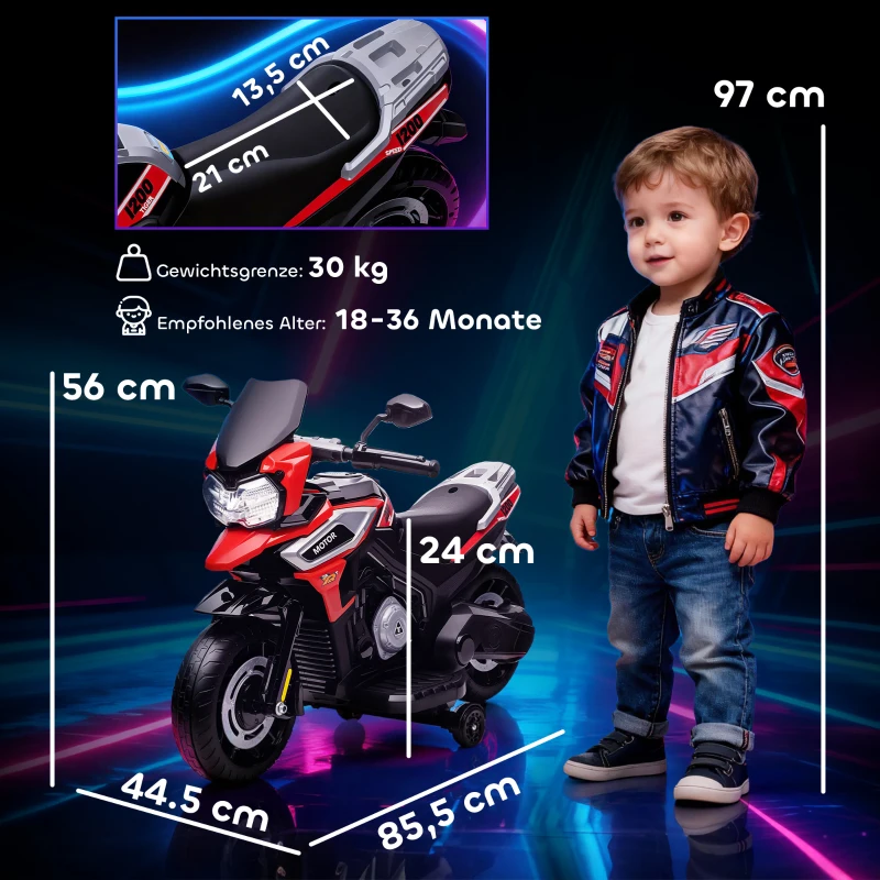 AIYAPLAY Elektro-Motorrad für Kinder von 18-36 Monaten, Aufsitz-Fahrzeug, Hilfsräder, Lichter, Musik, Kunststoff, Stahl, Rot