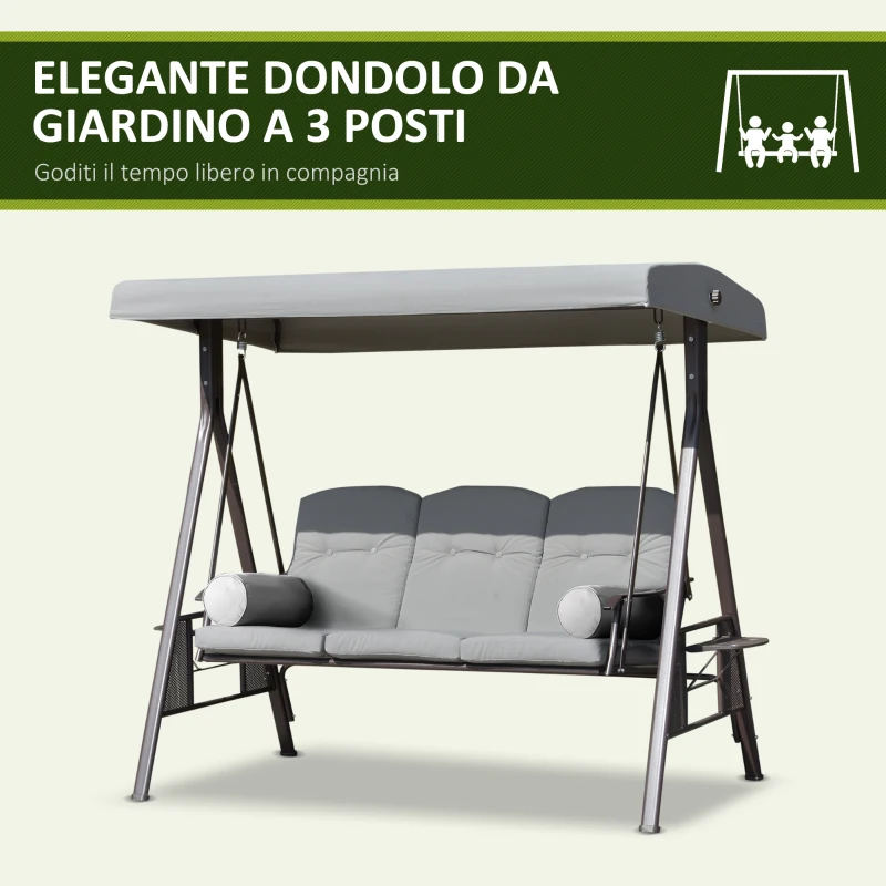 Outsunny Dondolo da Giardino 3 Posti con Tetto Regolabile, Portabicchieri e Cuscini, 208x121x172 cm, Grigio Chiaro