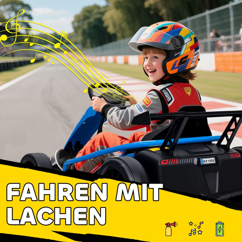 AIYAPLAY 24V Elektro-Go-Kart zum Fahren und Driften, Nylon-Reifen, Sicherheitsgurt, Hupe, Musik für 8-12 Jahre Blau