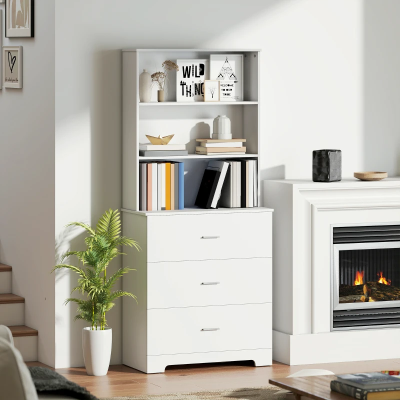 HOMCOM Libreria a Muro con 3 Ripiani Aperti e 3 Cassetti, in Legno, 79x39.5x182.2 cm, Bianco