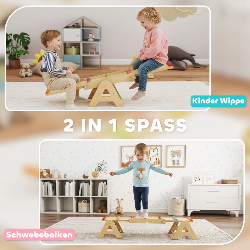 AIYAPLAY 2 In 1 Balance Wippe Kinder, Schwebebalken aus Holz, Wippe Schaukelwippe Garten, Balance Board 133 x 38 x 24 cm