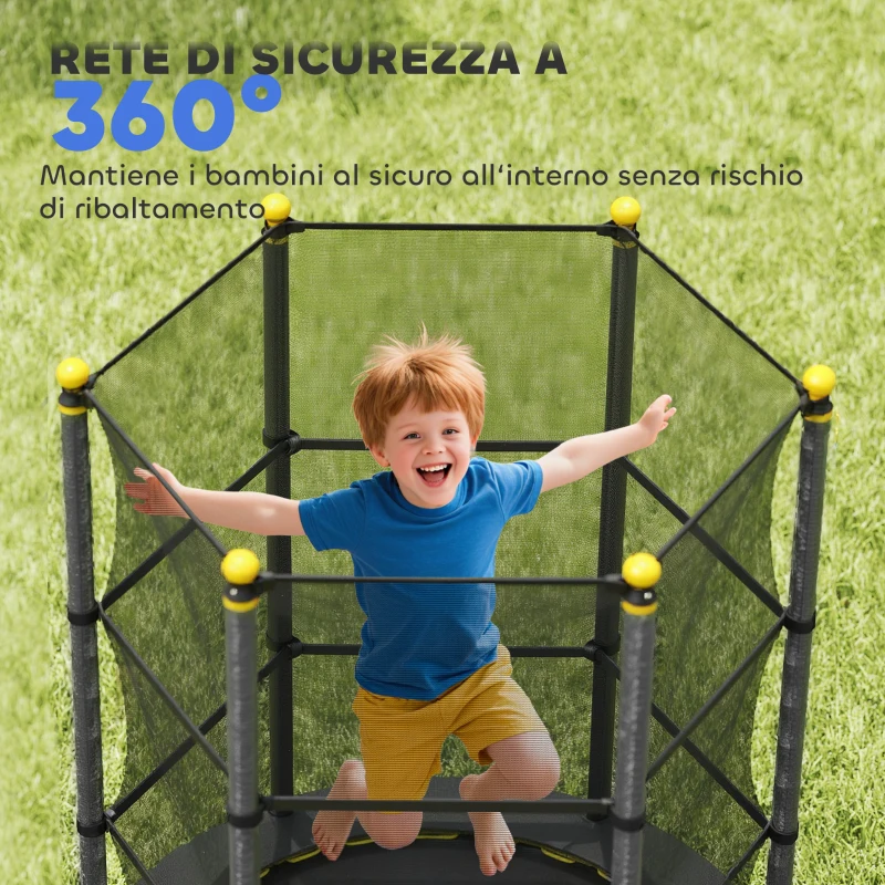 HOMCOM Tappeto Elastico per Bambini con Rete di Sicurezza e Pali Imbottiti Età 3-10 Anni, Ø140 x 190 cm, Nero