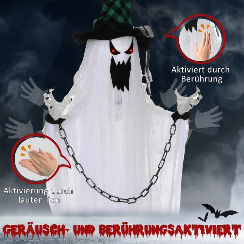 HOMCOM Dekoracja na Halloween 204 cm Wiszący Duch z Aktywacją Dźwiękową, Świecącymi Oczami, Funkcją Dźwiękową Biały