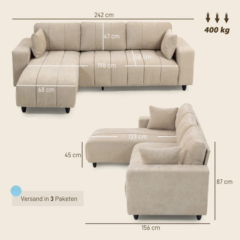 HOMCOM L-förmiges Ecksofa mit flexibler Chaiselongue, 3-Sitzer-Couch mit 2 Kissen, Metallrahmen, für Wohnzimmer, Beige