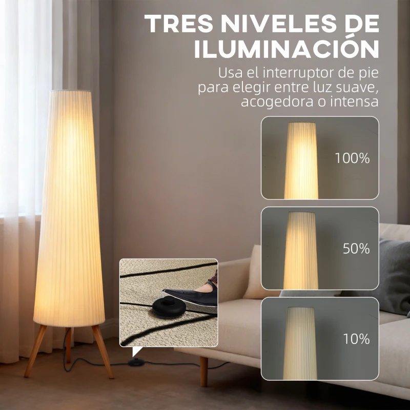 HOMCOM Lámpara de Pie con Trípode Brillo Ajustable 3 Niveles Interruptor de Pie Patas de Madera y Pantalla de Tela Blanco
