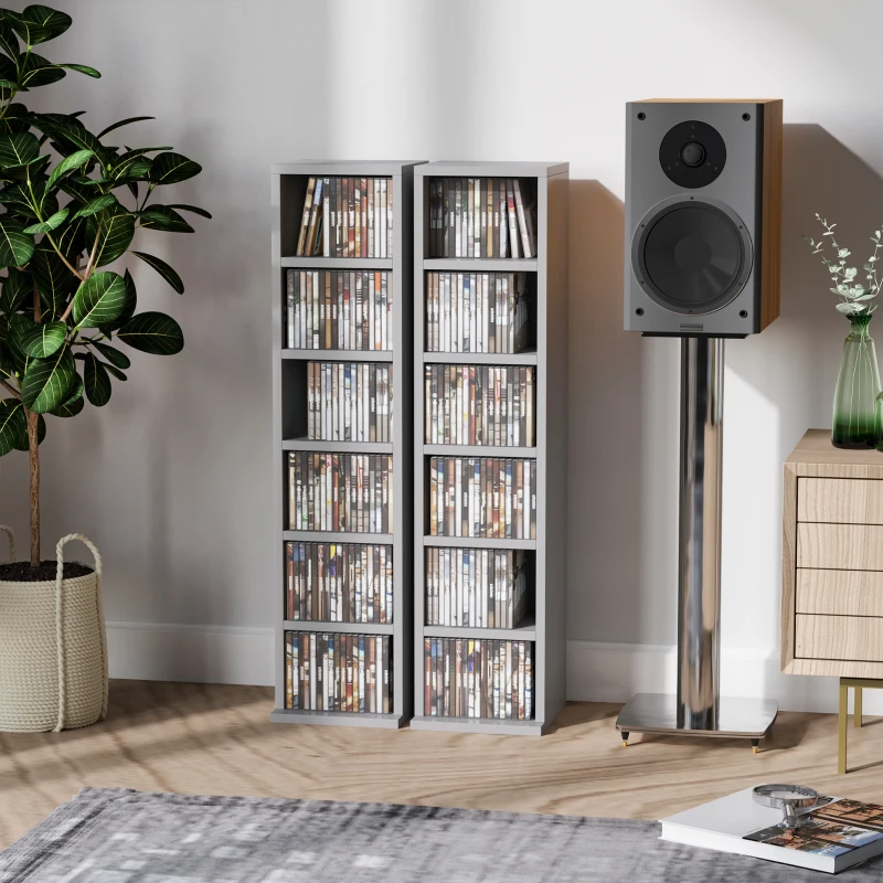 HOMCOM 204 CD Media Display Shelf Unit Set of 2 Blu-Ray Tower Rack w/ Adjustable Shelves Bookcase Storage Organiser, Grey