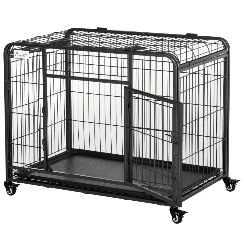 PawHut Kennel per Cani Pieghevole a Doppia Porta con Blocco, 4 Ruote con Freno e Fondo Rimovibile, 94x58x69.5 cm, Grigio