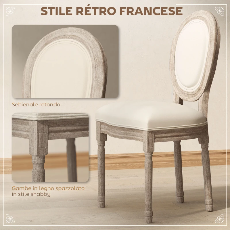 HOMCOM Set 2 Sedie Imbottite da Pranzo, Sedie per Soggiorno Stile Vintage Rétro in Legno e Tessuto Effetto Lino Bianco Panna 49x56x96cm