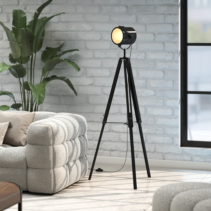 HOMCOM Industrial Tripod Floor Lamp, Nautical Searchlight with Adjustable Height, Wood Legs, E14 Lamp Base for Living Room, Bedroom, Black