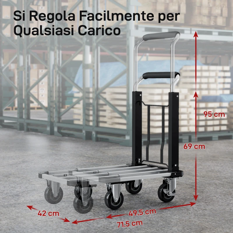 HOMCOM Carrello Portapacchi Pieghevole con Pedana Estensibile, Capacità 150 kg, Maniglia Regolabile, Argento