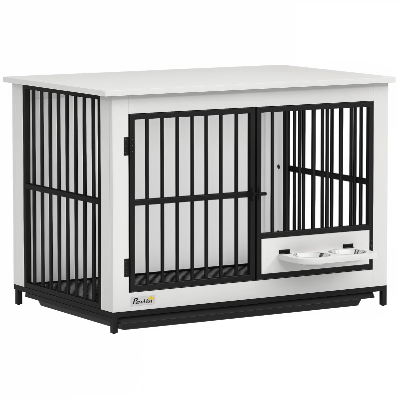 PawHut Große Hundebox, einfacher Zugang, verschließbar, drehbarer Schüsselhalter, für kleine und große Hunde, Weiß