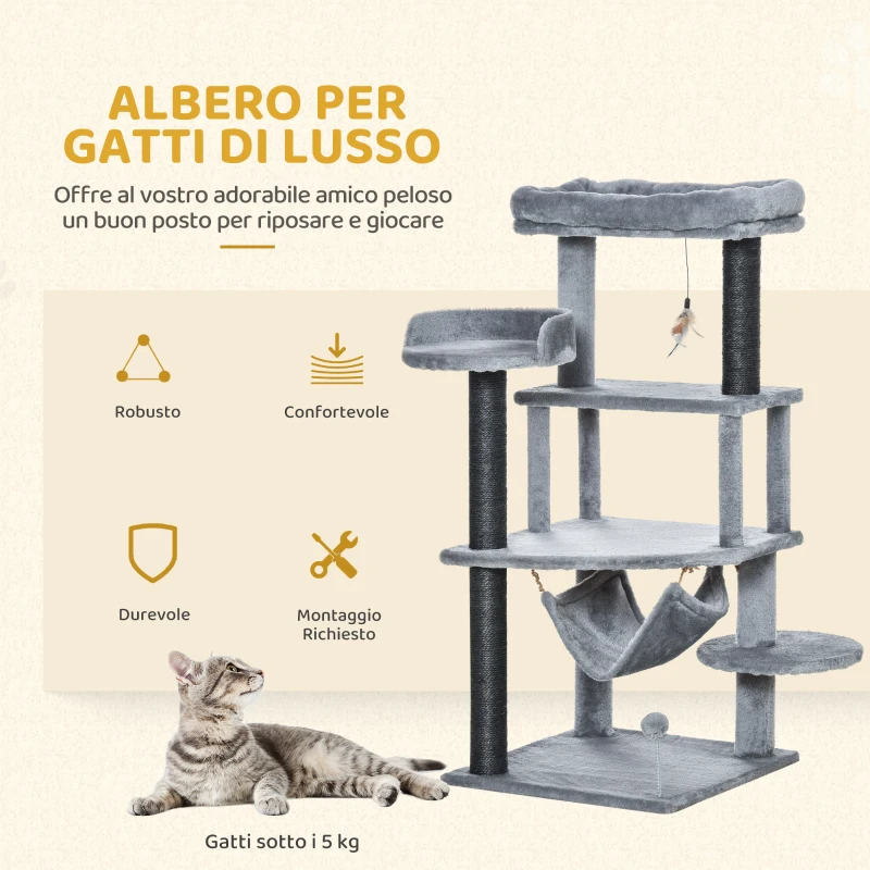 PawHut Albero Tiragraffi per Gatti con Palo, Casetta, Letto, Amaca e 2 Giochi in Legno e Peluche, 48x48x107 cm, Grigio