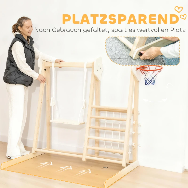 AIYAPLAY 5-in-1 Indoor-Klettergerüst mit Rutsche, Schaukel, Kletternetz, Basketballkorb, klappbar, 3-6 Jahre, Naturholz